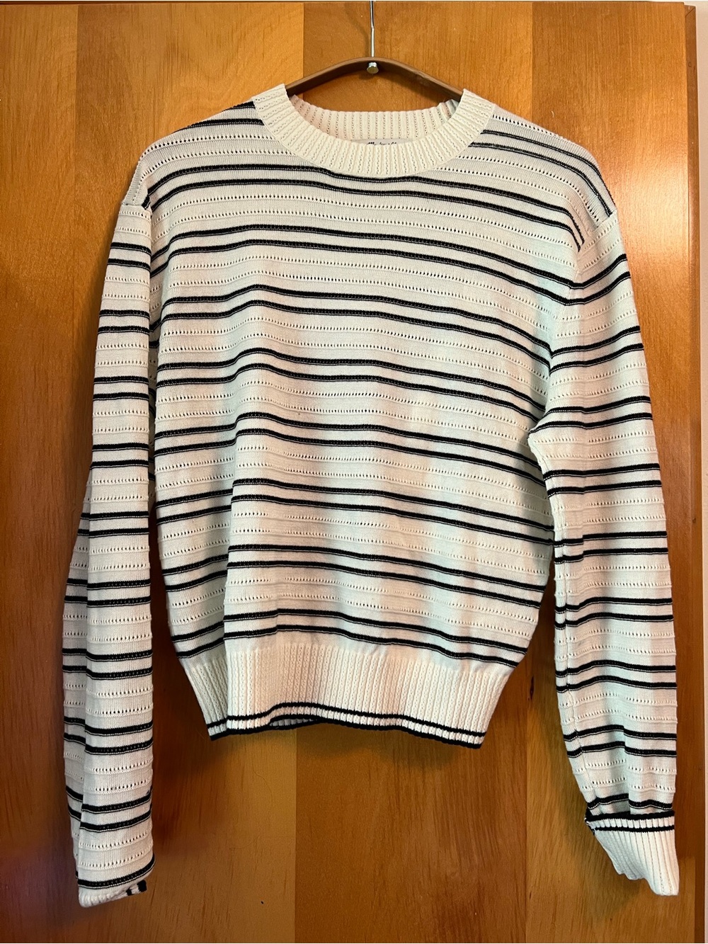 Madewell White and Black Striped Crewneck Sweater